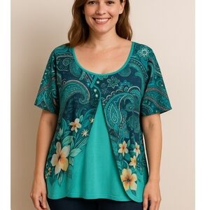 Teal Floral Paisley Blouse Womens Plus Size 4XL One Piece Top.